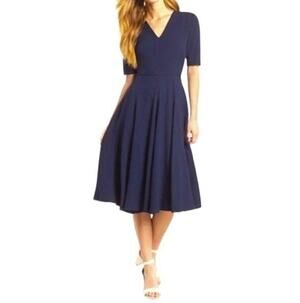 Gal Meets Glam Edith City Dress Navy Blue V-Neck Fit Flare A-Line Midi Size 16